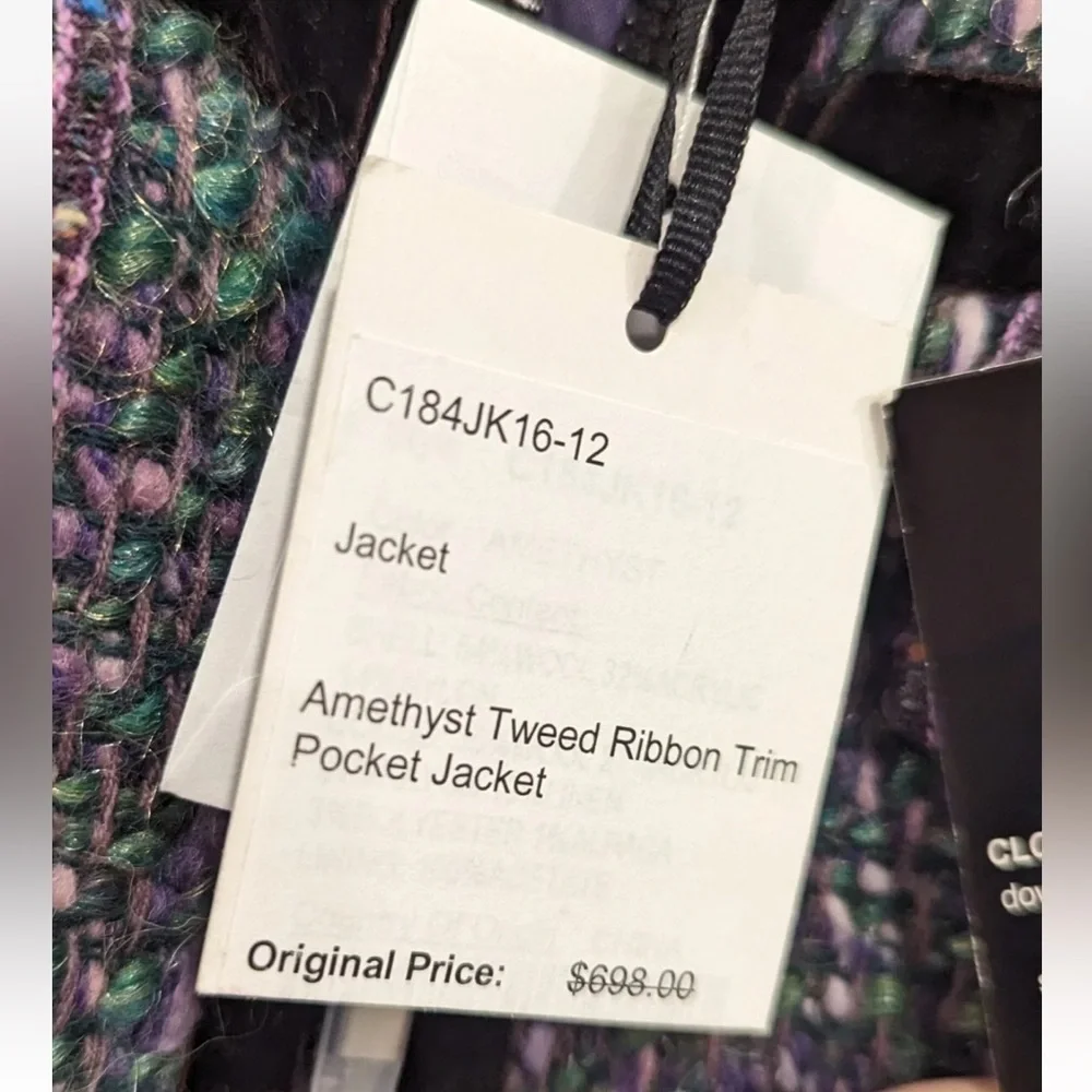 $698 Worth NYC Amethyst Tweed Velvet Ribbon Trim Pocket Wool Blend Jacket Size 8